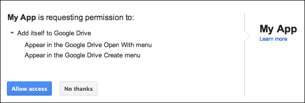 Google Drive के यूज़र इंटरफ़ेस (यूआई) को इंस्टॉल करने का डायलॉग बॉक्स.