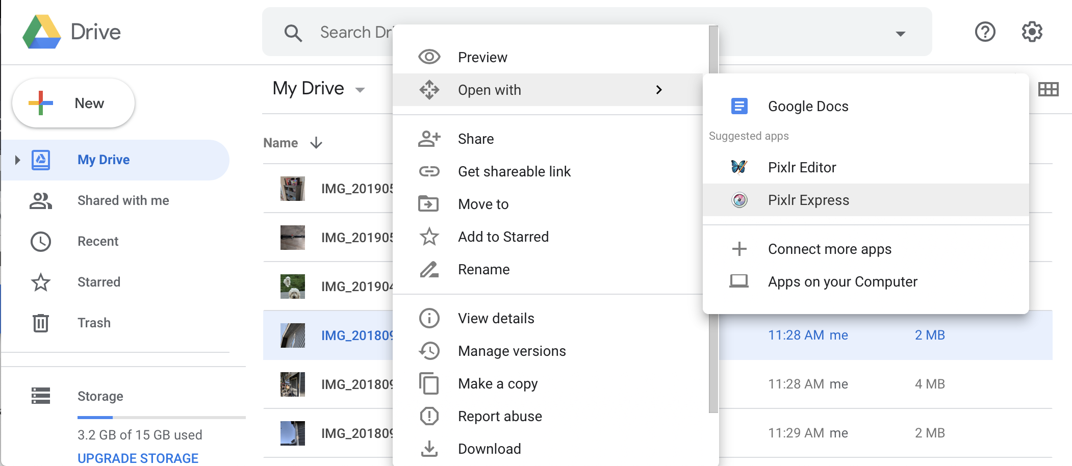 Google Drive का यूज़र इंटरफ़ेस (यूआई), मेन्यू आइटम के साथ खुला है