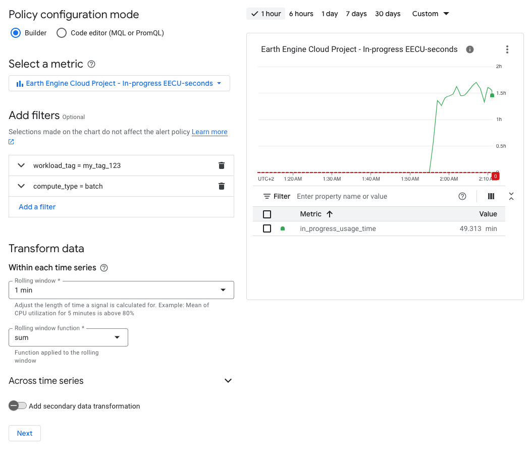 Configuration d'une métrique pour une alerte