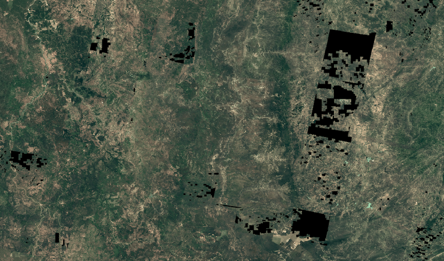 Examples of manual cloud masking on satellite imagery, showing rectangular areas removed.