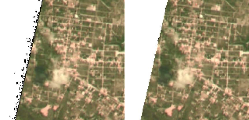 Comparação lado a lado mostrando artefatos de borda da imagem antes e depois do refinamento.