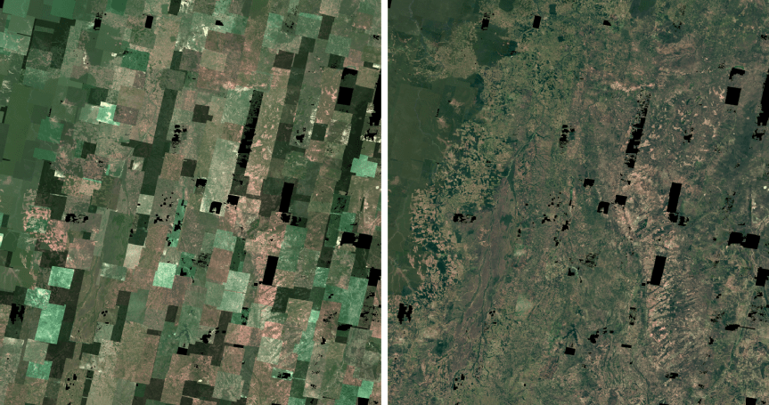 Comparison of image mosaics before and after radiometric normalization. Left shows color mismatches, right shows seamless color.