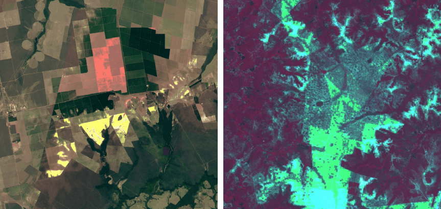 Ejemplos de saturación espectral en mosaicos visuales (izquierda) y analíticos (derecha), en los que se muestran parches brillantes y colores naranja, amarillo y cian poco naturales.