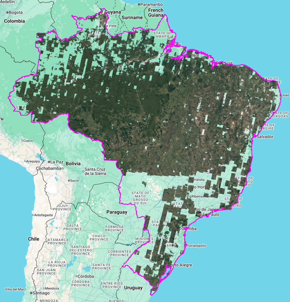 Mapa Brazylii przedstawiająca zasięg przestrzenny wizualnej mapy podstawowej G-BFID w wersji 1.0.