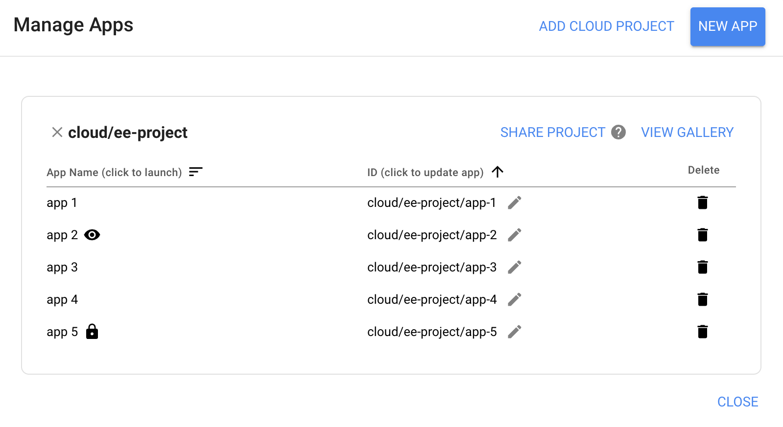 Activar apps propiedad del proyecto