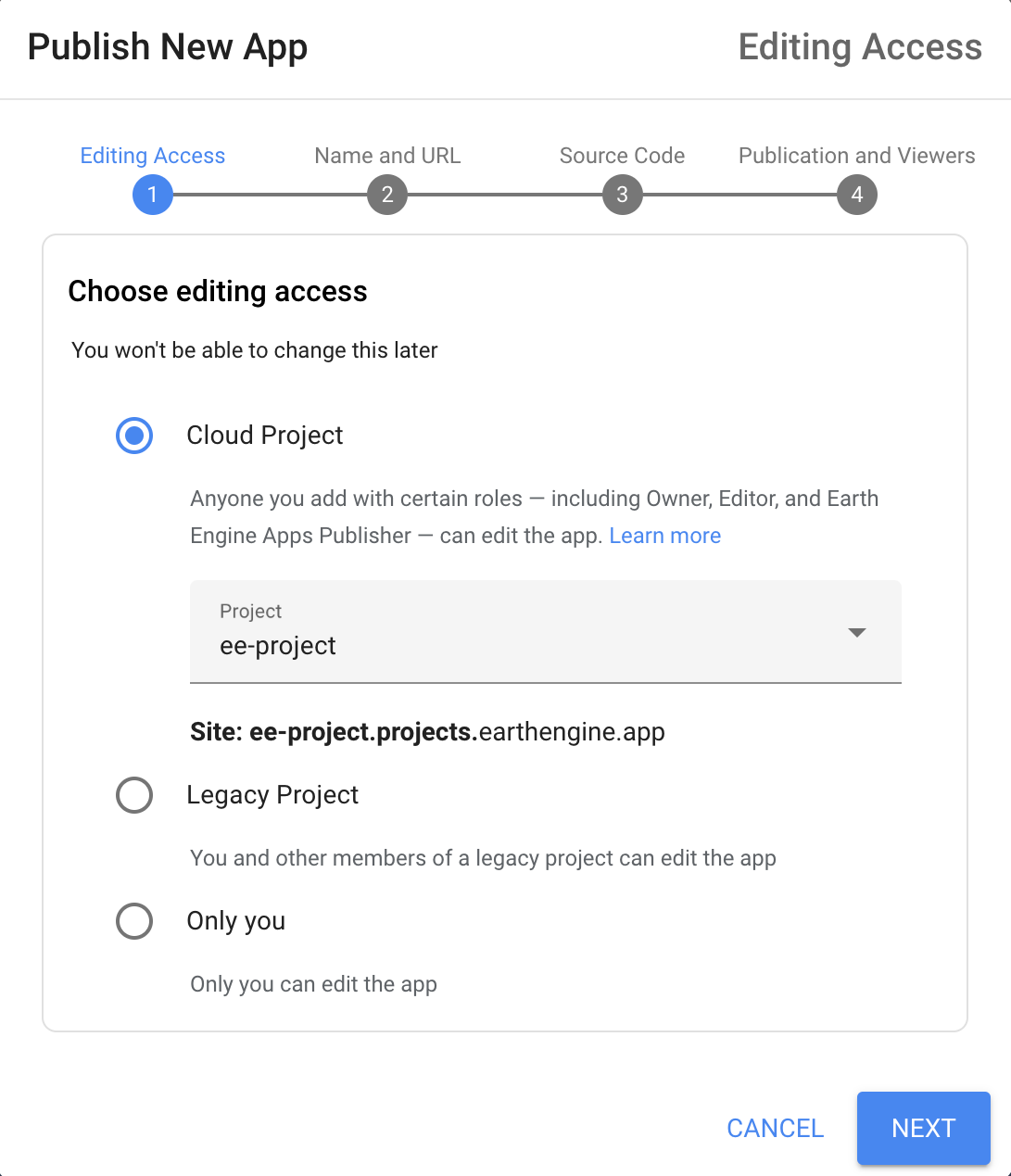 Publicar um app de propriedade do projeto