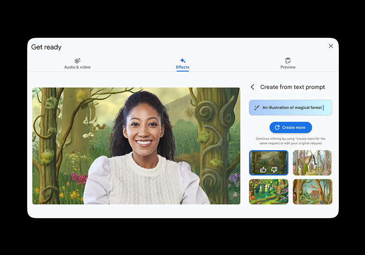 A woman in a Google Meet call using a dynamically generated background of a magical forest.