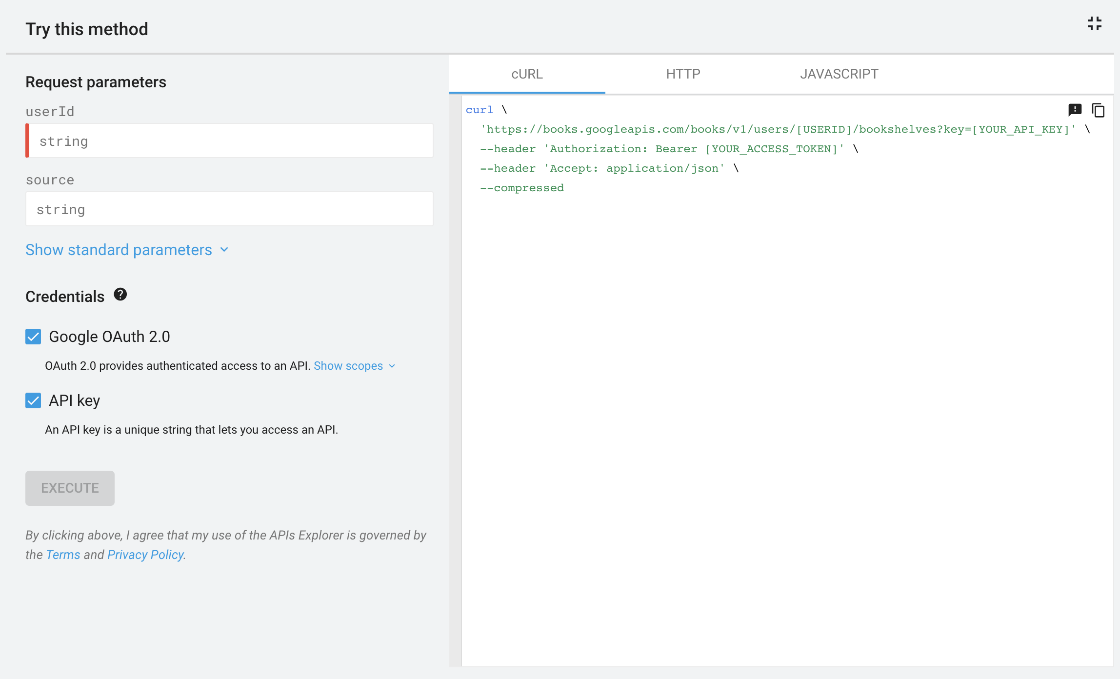 Execute code samples | Google APIs Explorer | Google Developers