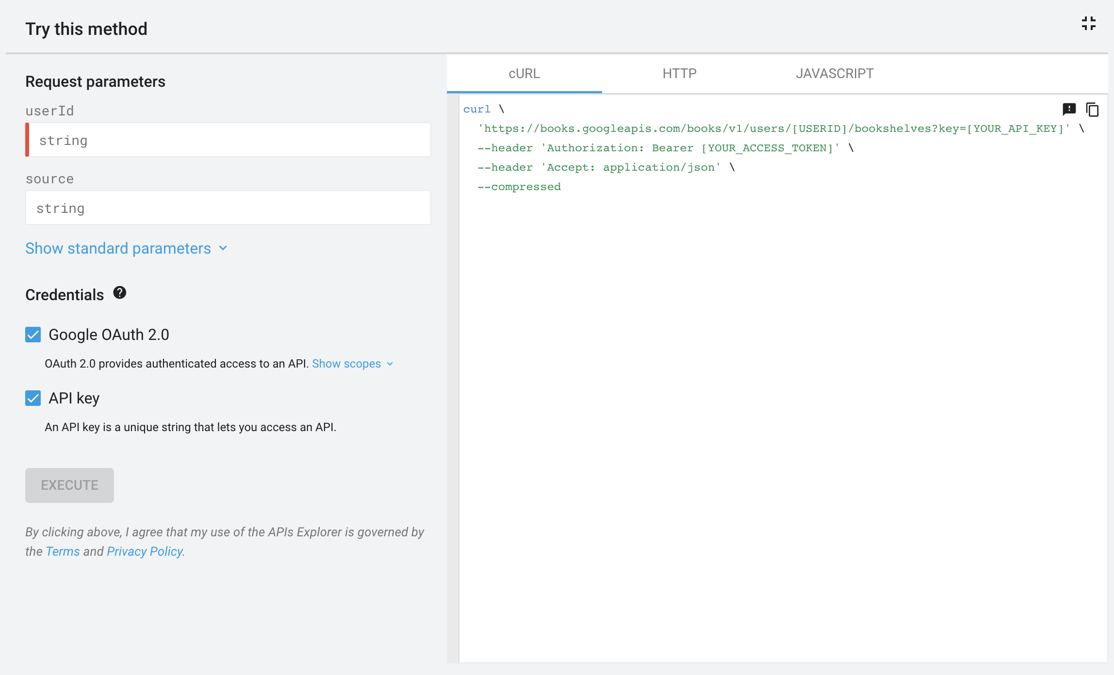 חלונית מסך מלא של APIs Explorer ל-Google Books API