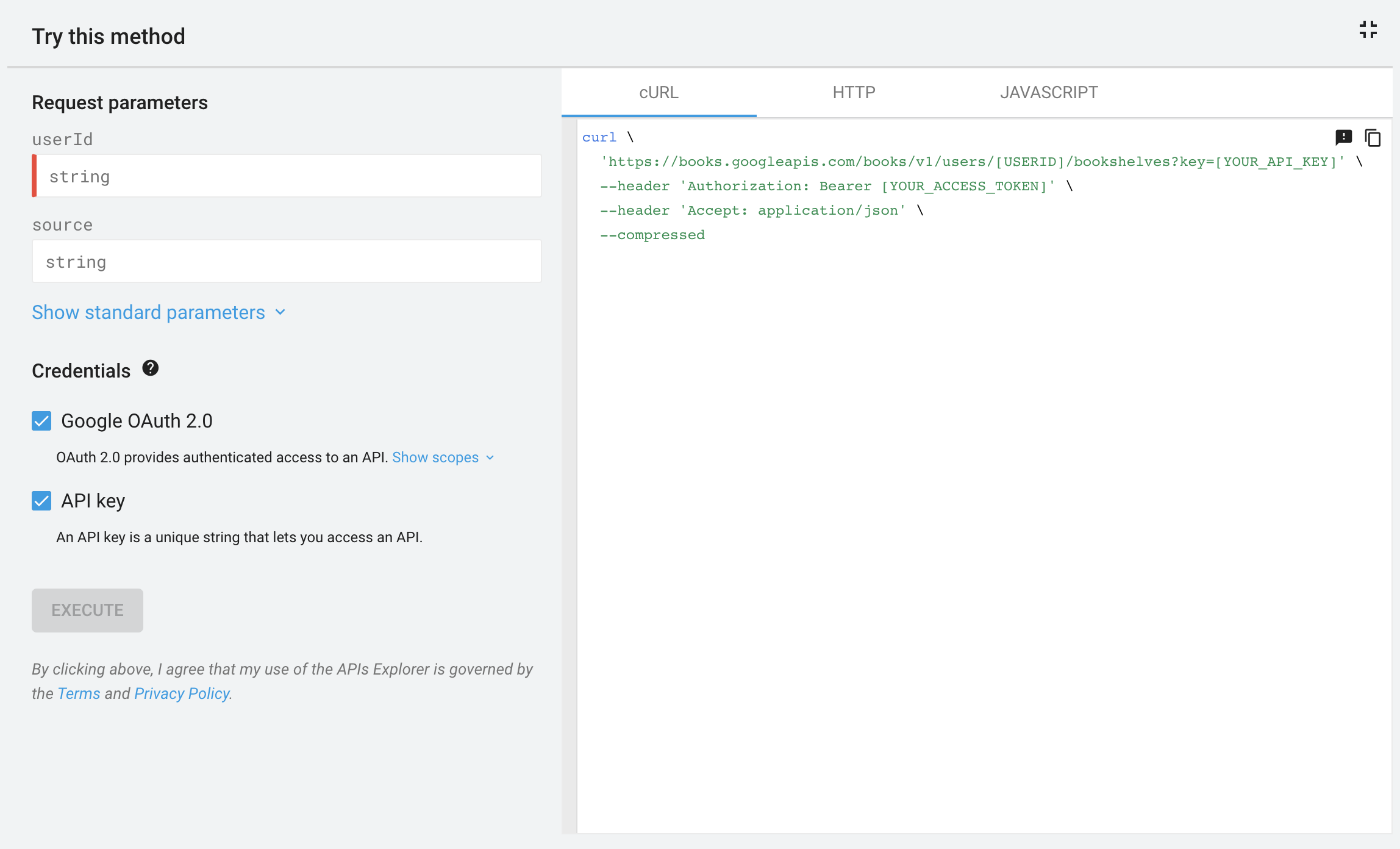 Panneau plein écran d'APIs Explorer pour l'API Google Livres