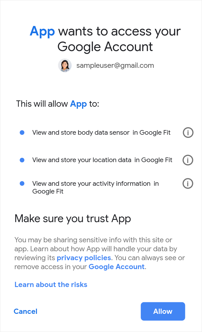 Exemple de l'écran de consentement pour les champs d'application OAuth