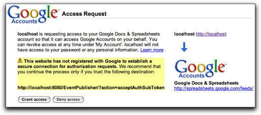 Screen capture of AuthSub authentication process