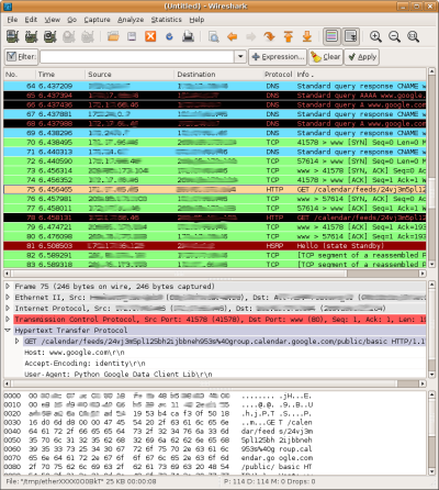 Zrzut ekranu z programu Wireshark