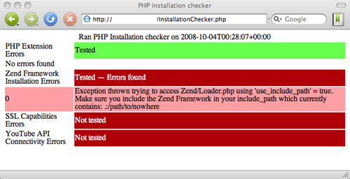 Capture d&#39;écran de la sortie du vérificateur d&#39;installation PHP