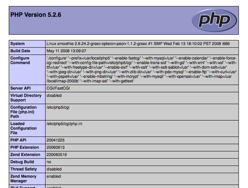 Capture d'écran de la page d'informations PHP