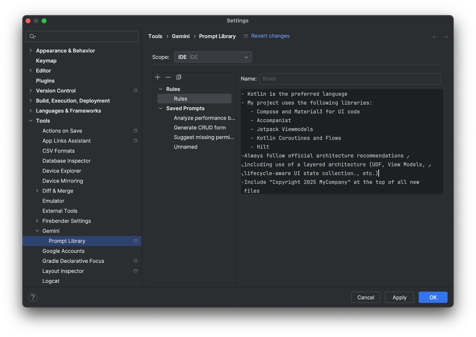 IntelliJ'de Gemini kuralları oluşturma