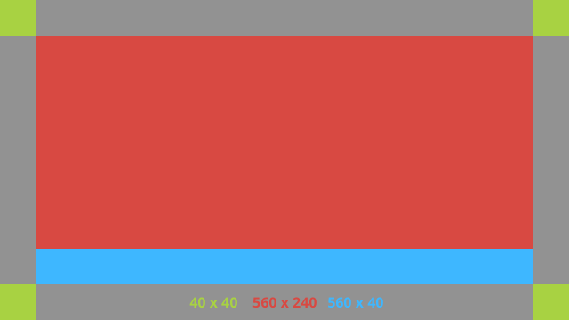 Центральное поле занимает большую часть внутренней части экрана с разрешением 560 на 240 пикселей, а небольшая полоса внизу имеет разрешение 560 на 40 пикселей. Также есть четыре небольших блока 40 на 40 пикселей, по одному в каждом углу.