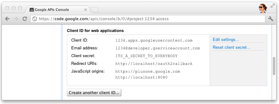 the client id and secret on the Google API console
