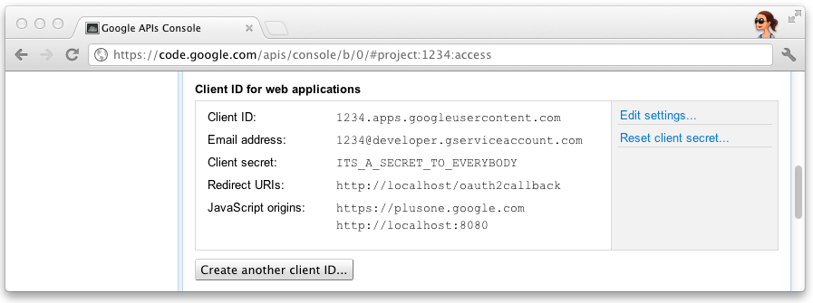 l'ID client e il secret sulla console API di Google