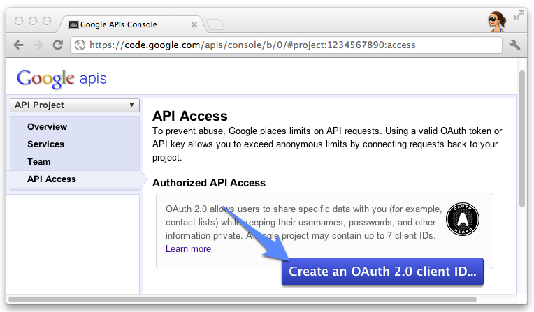 the API Access section of the Google API console