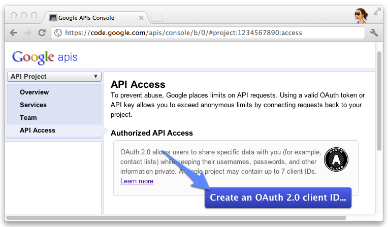 la section "Accès aux API" de la console Google APIs