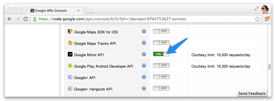 l'API Google Mirror dans la console Google APIs ;