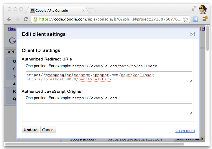 el panel de configuración de la consola de API de Google para los URI de redireccionamiento