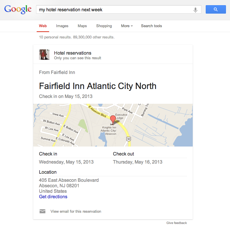 Tarjeta de respuesta de próximas reservas de hoteles en la Búsqueda de Google