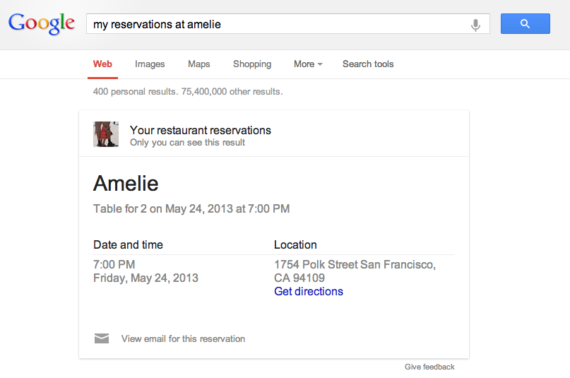 Upcoming Restaurant Reservation Answer card in Google Search