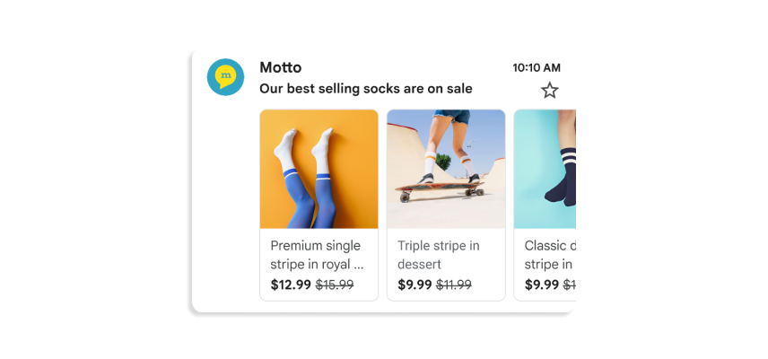 Um e-mail promocional que exibe um carrossel com três visualizações de imagens de ofertas de meias.