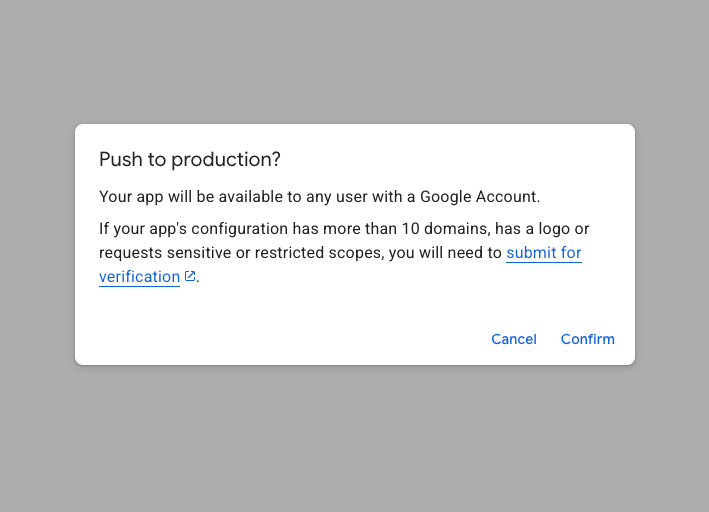 Push to production dialog