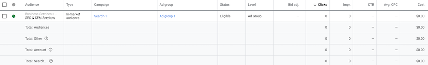 Google Ads 界面中的“受众群体”界面
