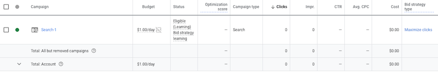 Google Ads-Benutzeroberfläche – Bildschirm „Kampagnen“