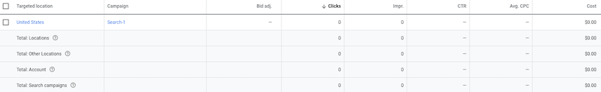 Google Ads 使用者介面「地點」畫面