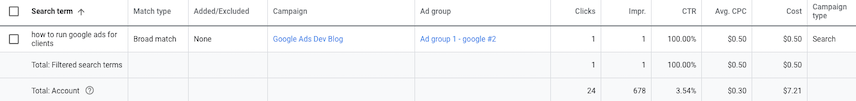 Écran des termes de recherche de l'UI Google Ads