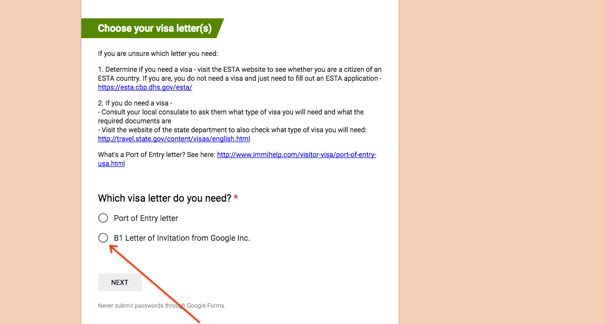 Seleccione la opción B1 Carta de invitación de Google Inc.