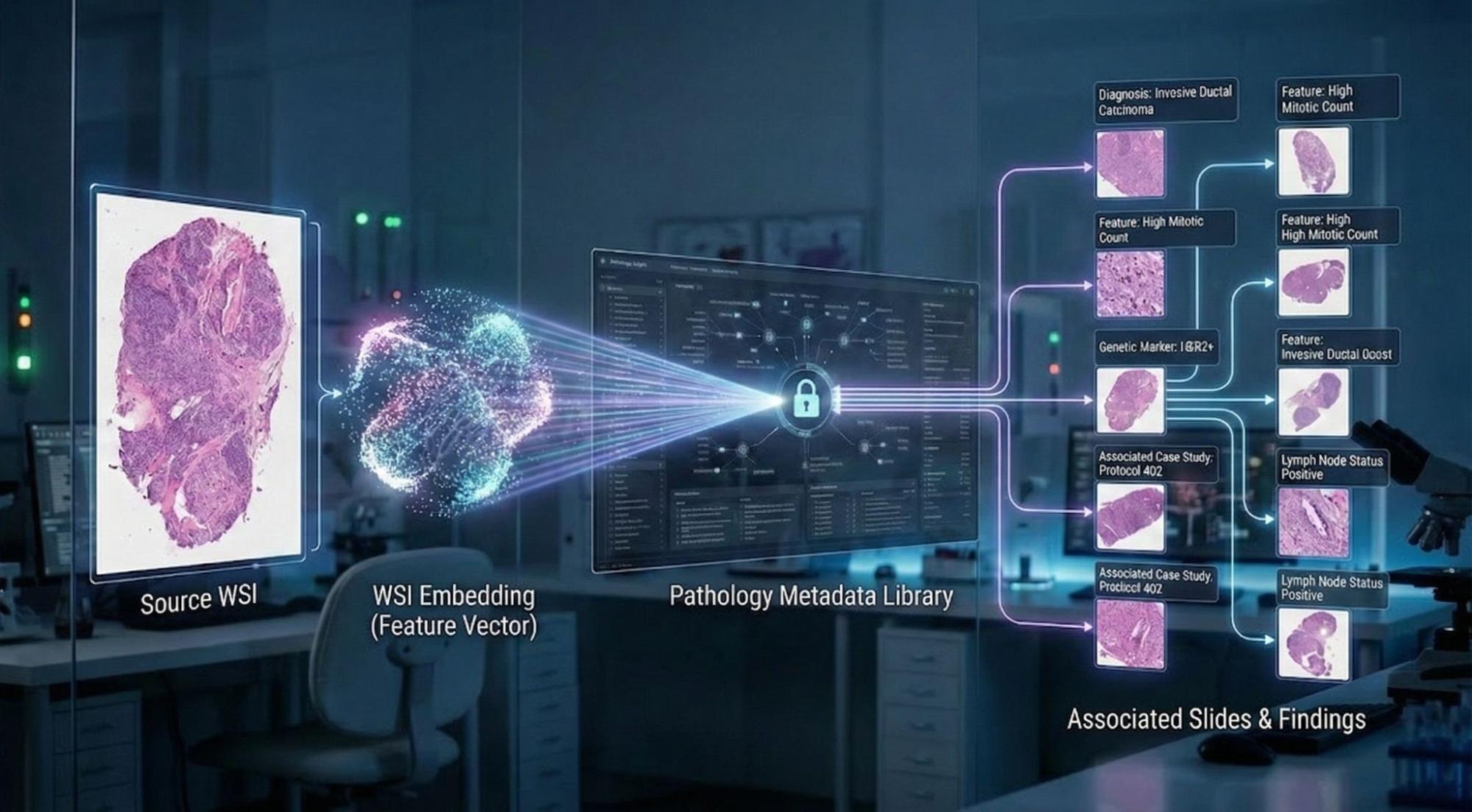 Represents conducting image similarity search using a whole-slide image: 1)
image transformed into embeddings; 2) generated embeddings searched against
embedding database; 3) similar images
identified