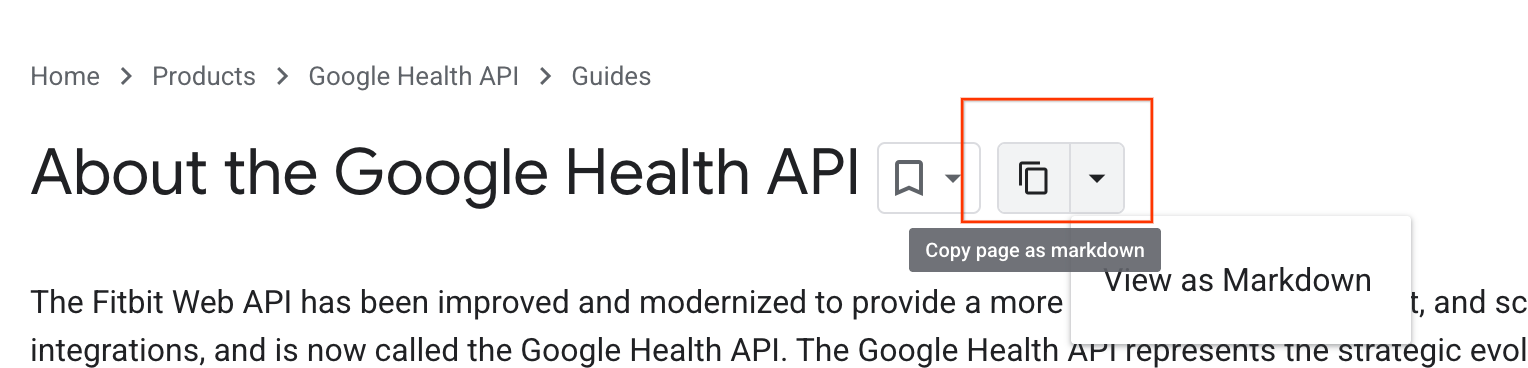 Screenshot showing the button to copy page content or view as Markdown at the top of the page.