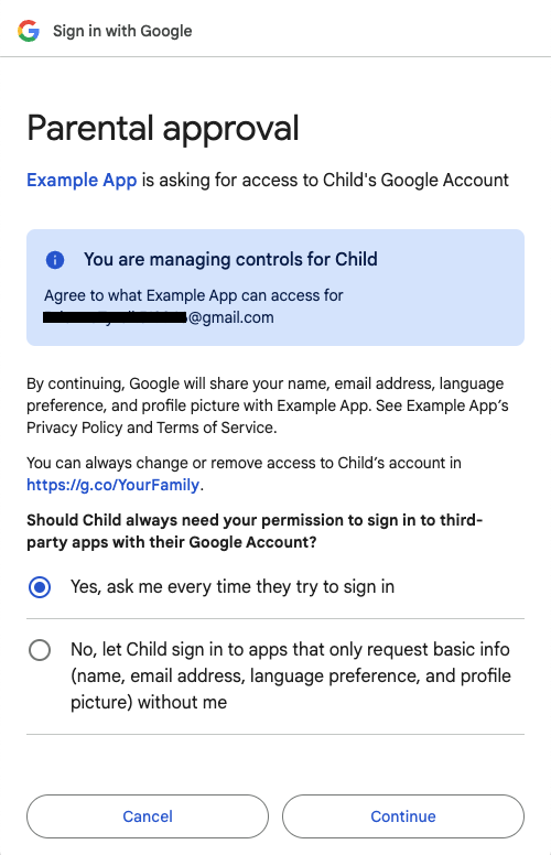 Pagina di approvazione dei genitori per l&#39;accesso dei figli
