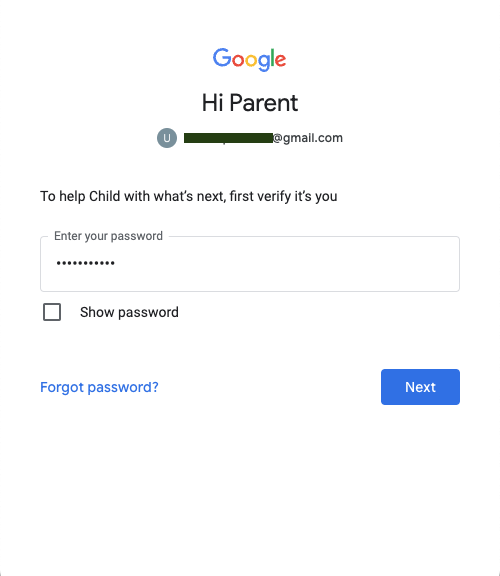 Senha da Conta do Google do familiar responsável para aprovar a página de login