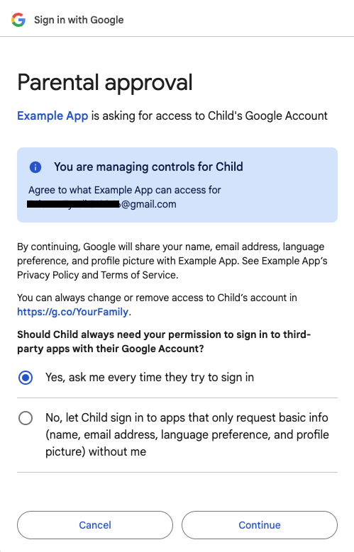 Pagina di approvazione dei genitori per l&#39;accesso dei figli