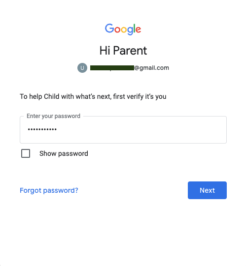 Hasło do konta Google rodzica, aby zatwierdzić stronę logowania.