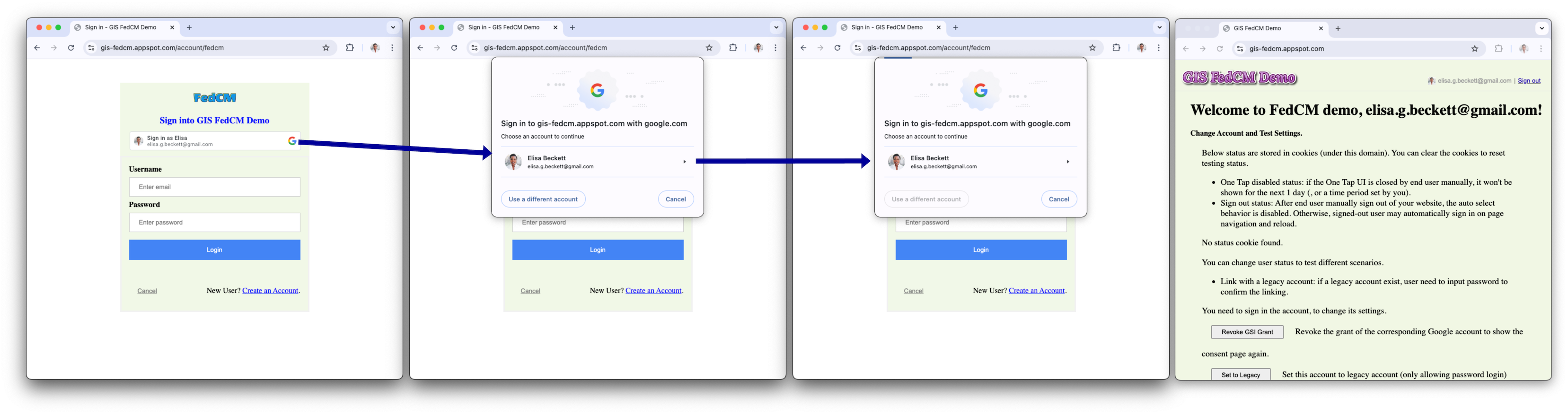 已啟用 FedCM - 有 Google 工作階段的回訪者歷程