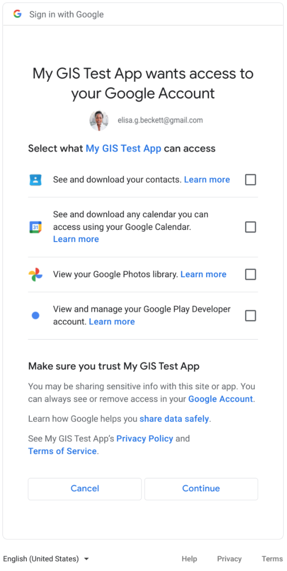 여러 범위의 동의 취소 또는 계속 버튼과 여러 범위가 있는 사용자 동의 대화상자. 각 범위에는 체크박스 선택기가 있습니다.