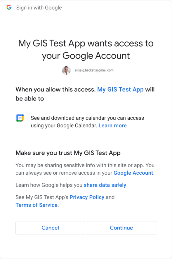 Согласие с одной областью действия User consent dialog with Cancel or Continue buttons and a single scope, no
checkboxes are shown.