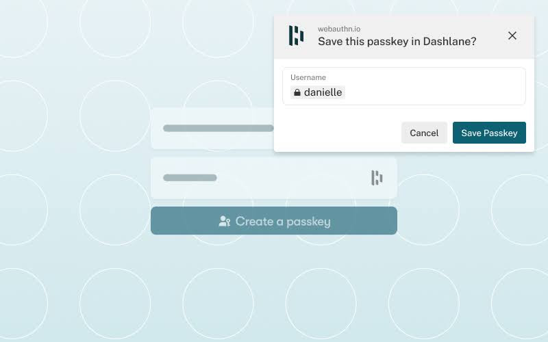 사용자 이름 입력란에서 Dashlane에 패스키를 저장할지 묻는 Dashlane 프롬프트