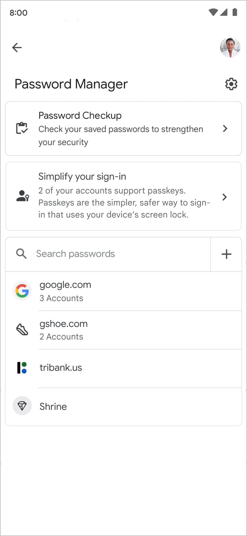 Google Password Manager suggests that the user create a passkey when reviewing their list of existing passwords and passkeys.