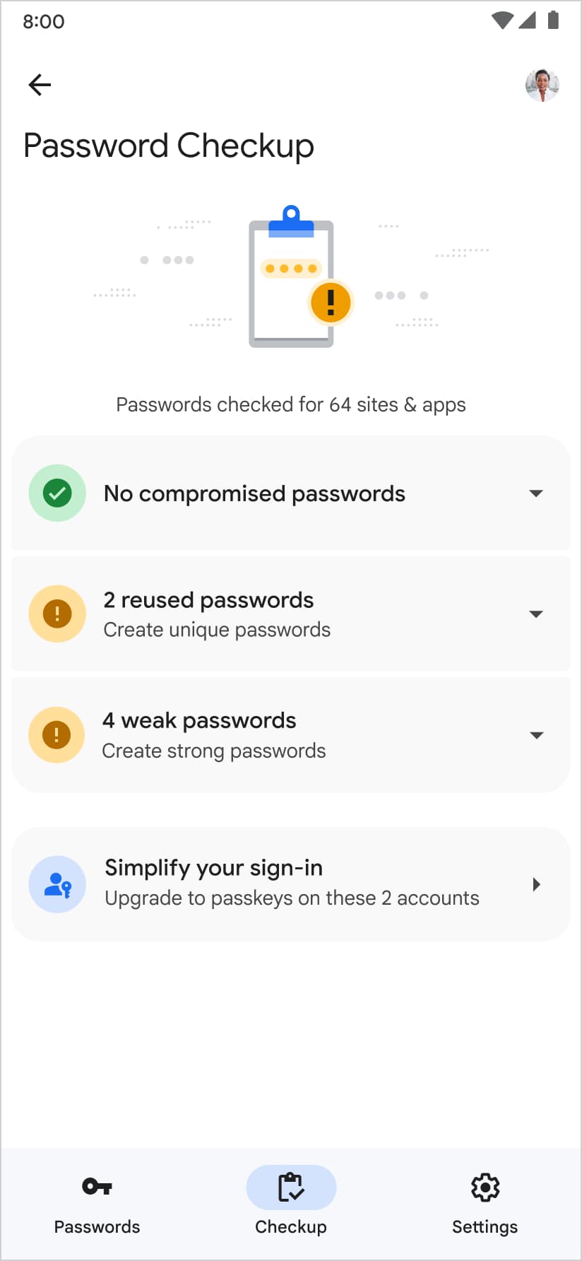 Le Gestionnaire de mots de passe de Google suggère également de créer une clé d'accès sur la page de Check-up Mots de passe.