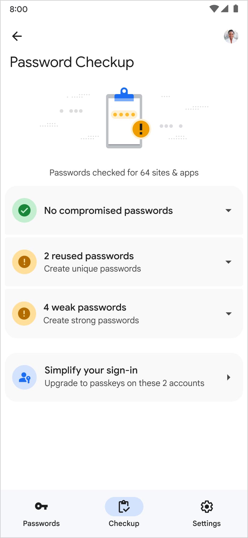 또한 Google 비밀번호 관리자에서 비밀번호 진단 페이지에서 패스키를 생성하도록 제안합니다.