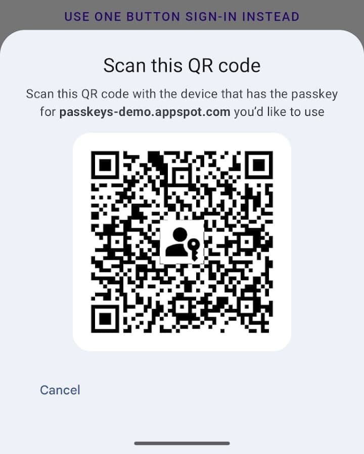 Viene visualizzata la finestra di dialogo del codice QR per l'accesso con passkey su più dispositivi
